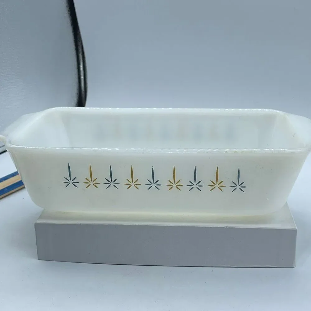 Vintage Fire-King loaf pan “Candle Glow” pattern Anchor Hoking 1960.
